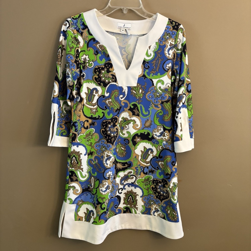 Jude Connally Tunic‎ Dress Size Small Blue Green Paisley V Neck 3/4 Split Sleeve